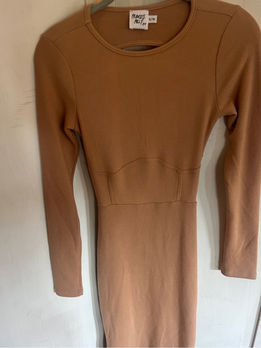 Princess Polly Ribbed Long-Sleeve Bodycon Dress in Camel